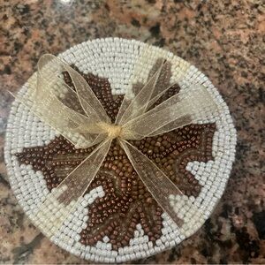 New Beaded Leaf Design Coaster with Ribbon (set of 4) Fall Holiday design